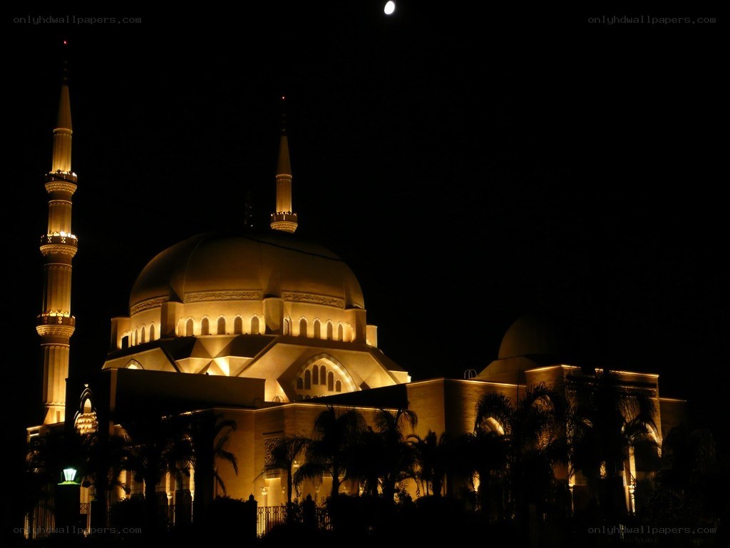 mosque at night with moon