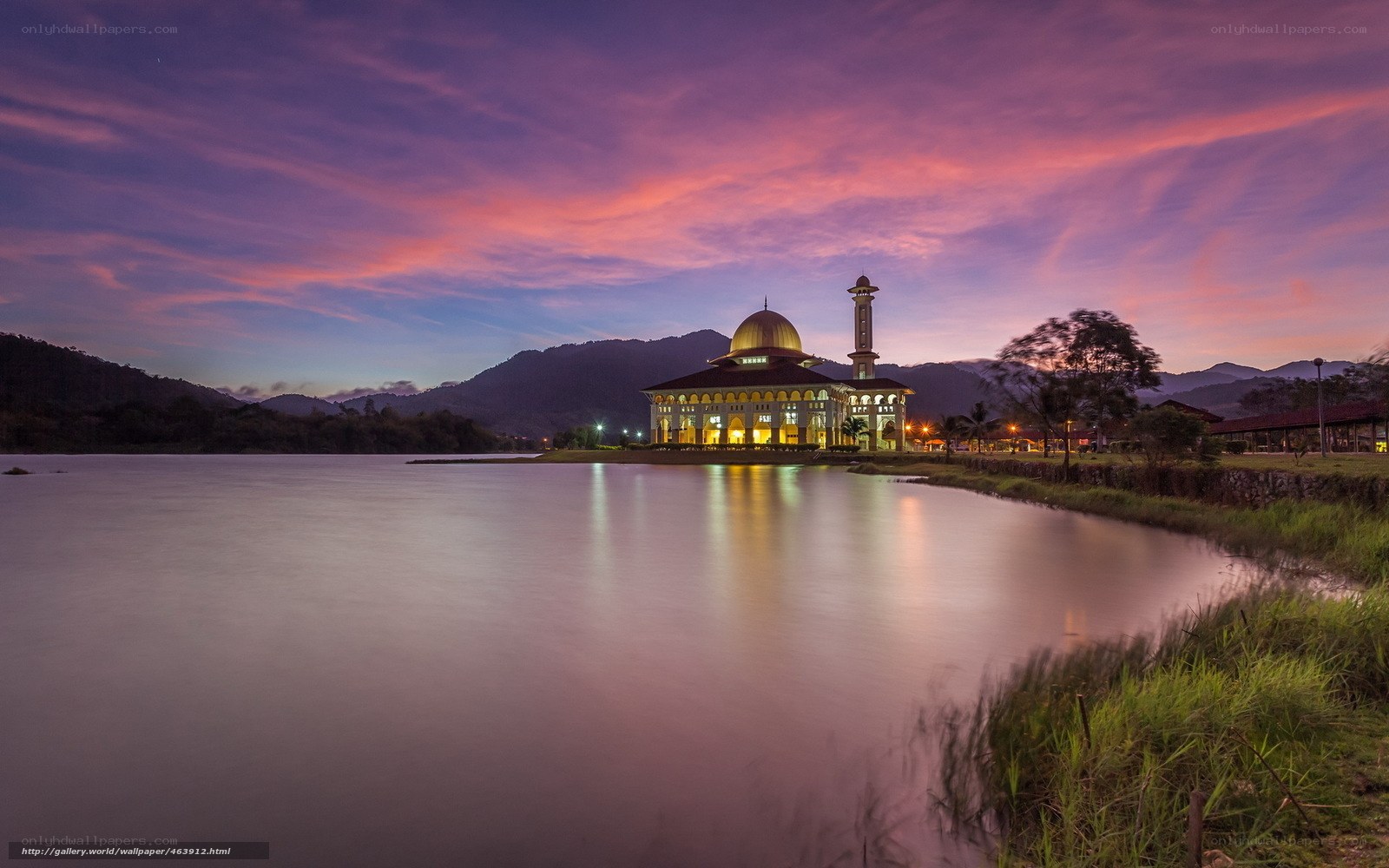 Mosque at sunset by the lake