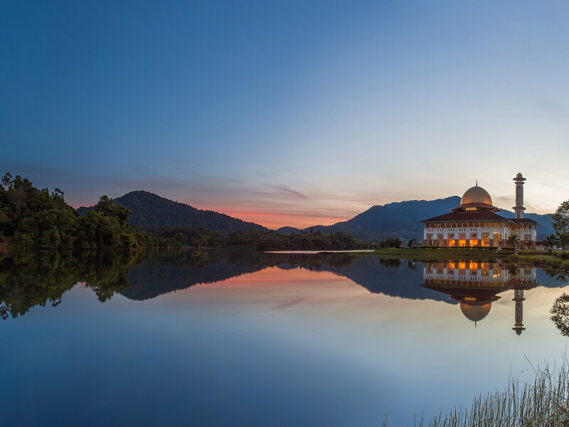 Mosque by Lake at Dusk — Blue, Serene