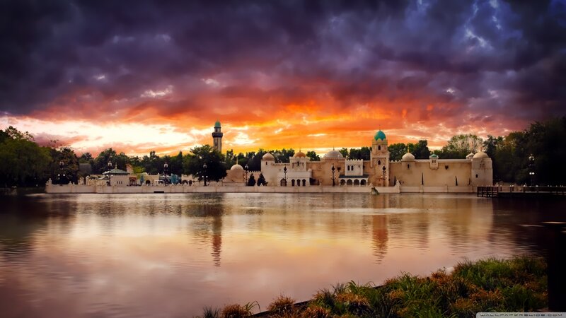 Mosque by Lake at Sunset