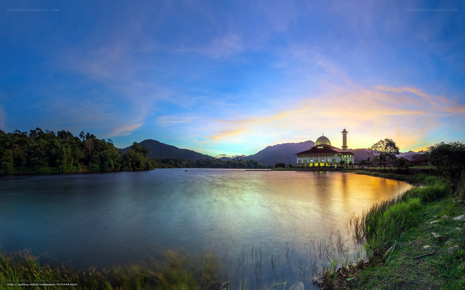 Mosque by the lake at sunset
