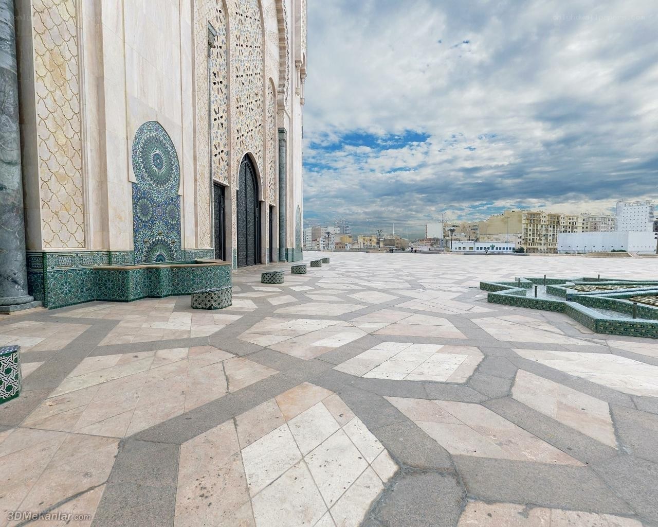 mosque courtyard with geometric tiles
