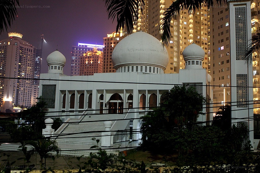 mosque in city at night