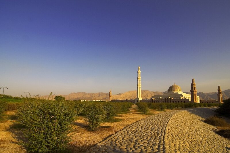 Mosque in desert landscape