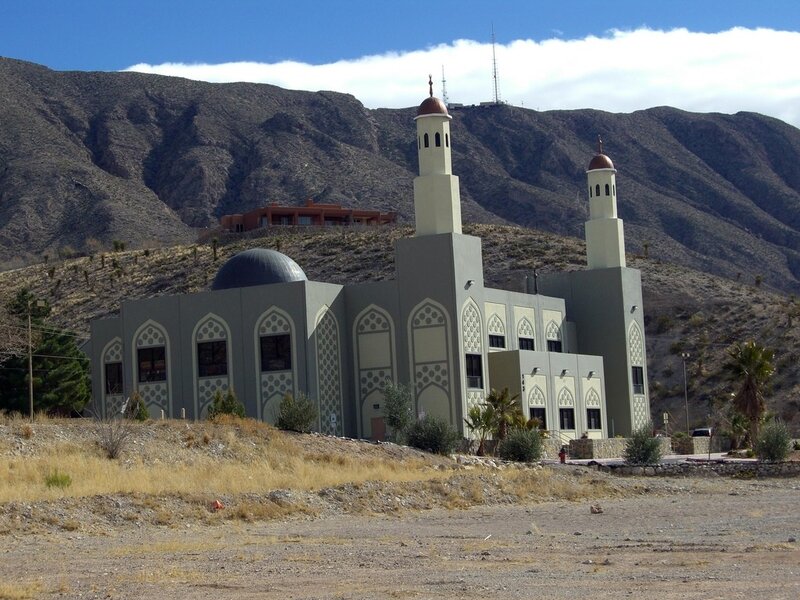 Mosque in desert landscape