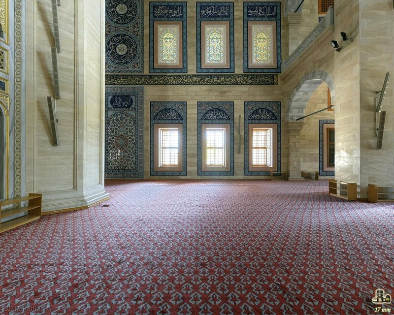 mosque interior with patterned carpet