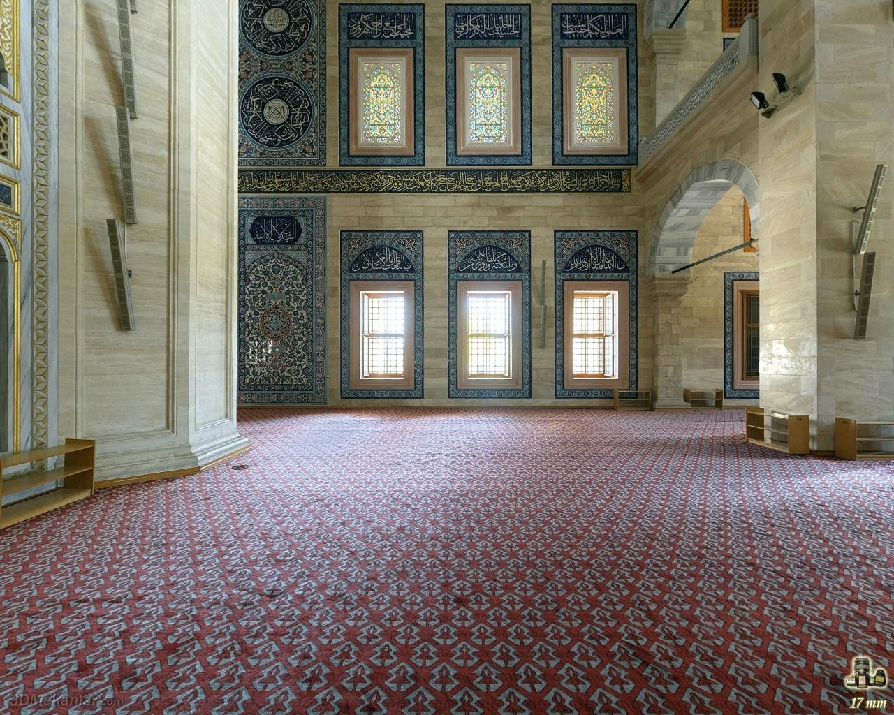 mosque interior with patterned carpet
