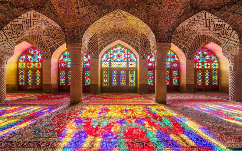 Mosque Interior with Stained Glass — Red, Colorful