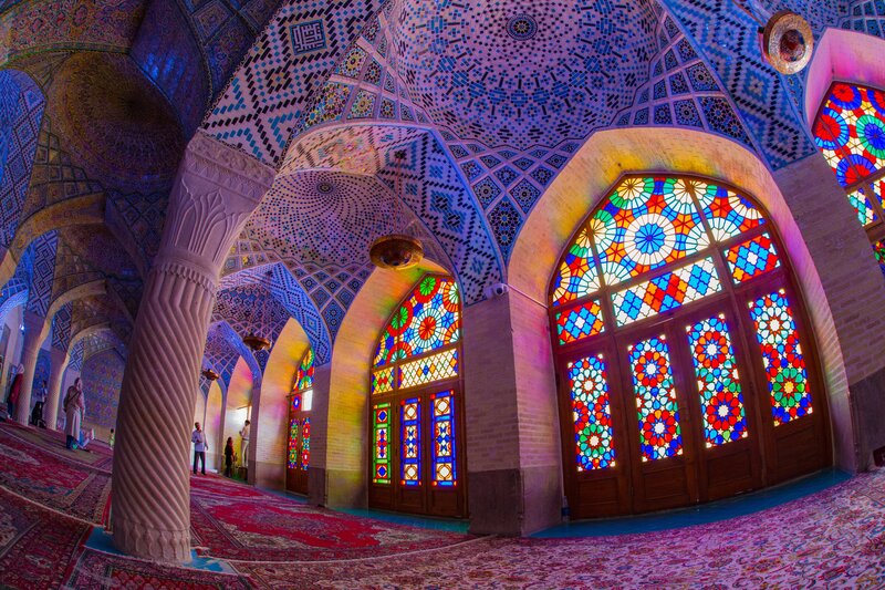 Mosque Interior with Stained Glass — Red, Serene