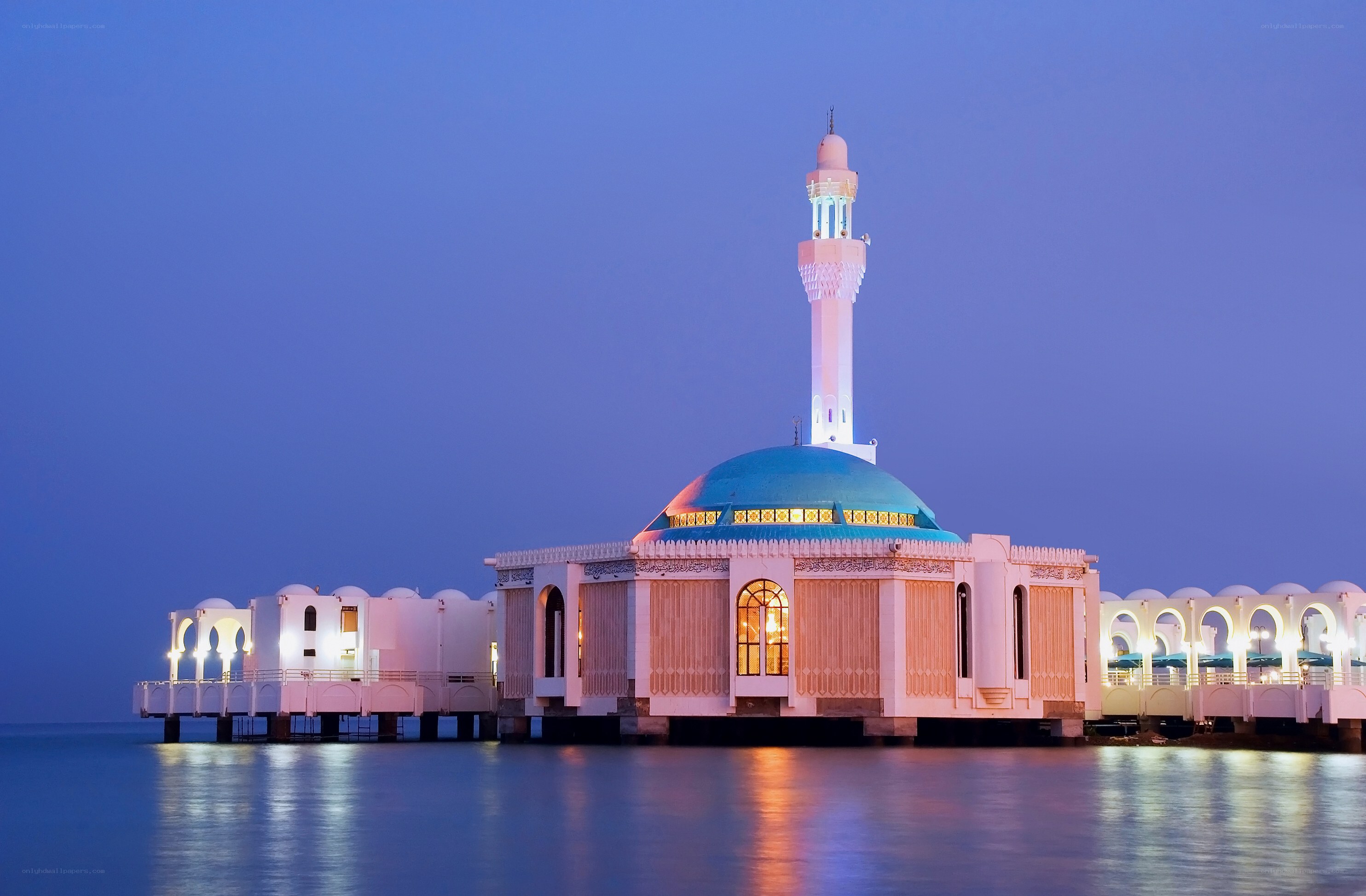 mosque on the water at dusk