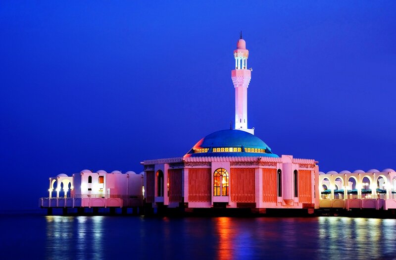 Mosque on Water — Blue, Serene, Night