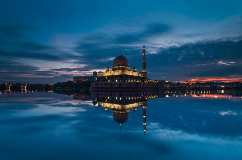 Mosque on Water — Blue, Serene, Sunset
