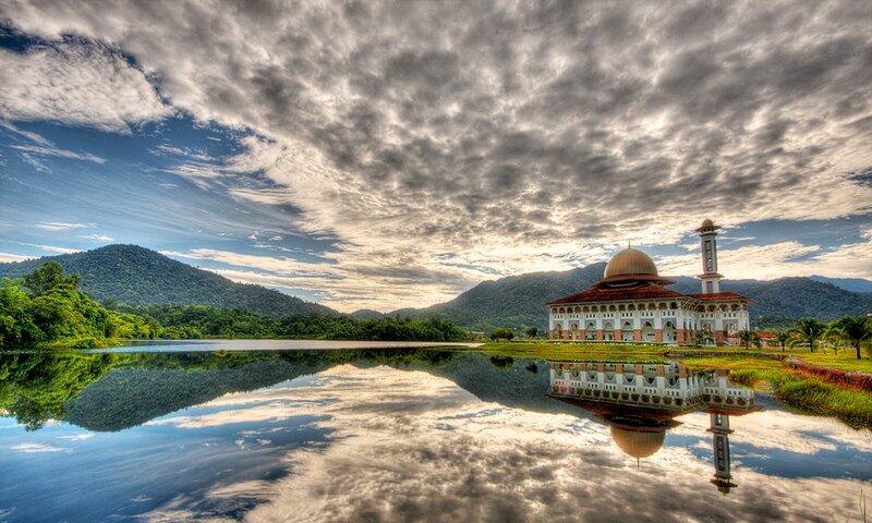 Mosque reflected in a lake