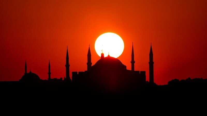 Mosque Silhouette at Sunset — Red, Dramatic
