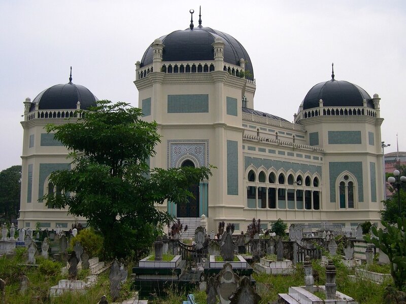 mosque with black domes