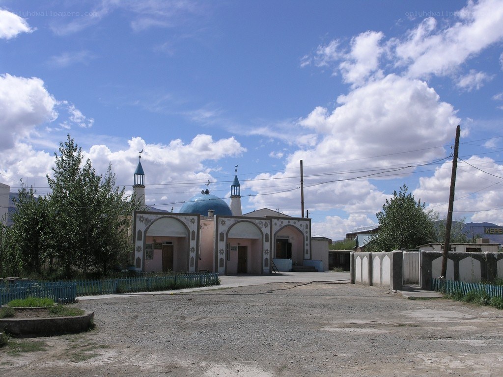 Mosque with blue domes and minarets