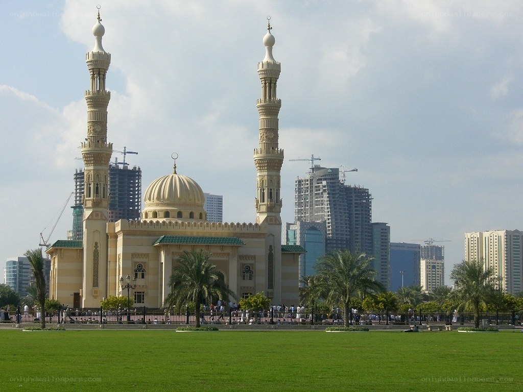 Mosque with city skyline