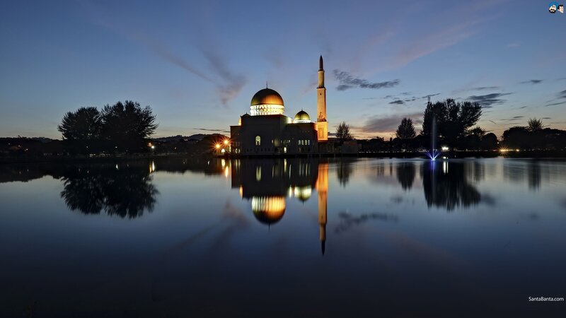 Mosque with Dome and Minaret — Blue, Serene, Night