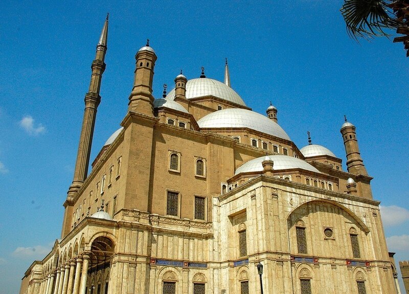 Mosque with domes and minaret