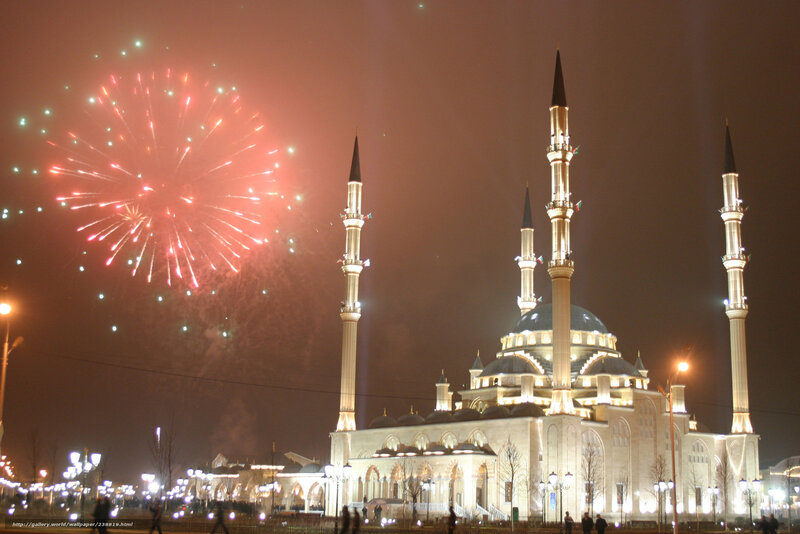 Mosque with Fireworks — White