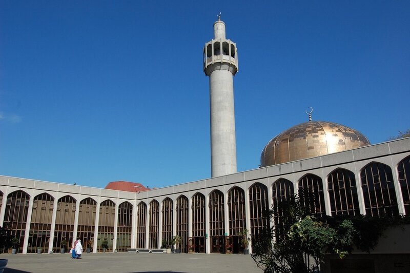 Mosque with golden dome and minaret