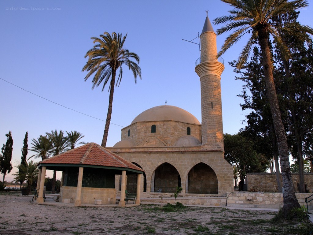 mosque with minaret and palm trees