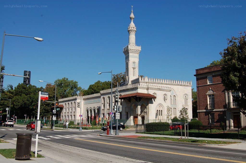 Mosque with minaret in urban setting