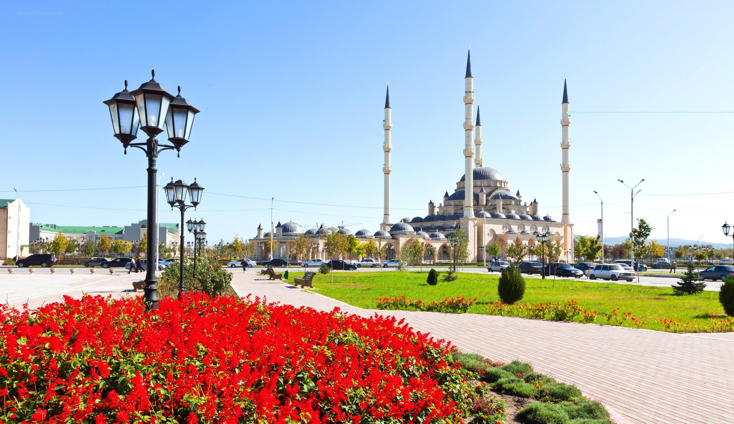 Mosque with minarets and red flowers