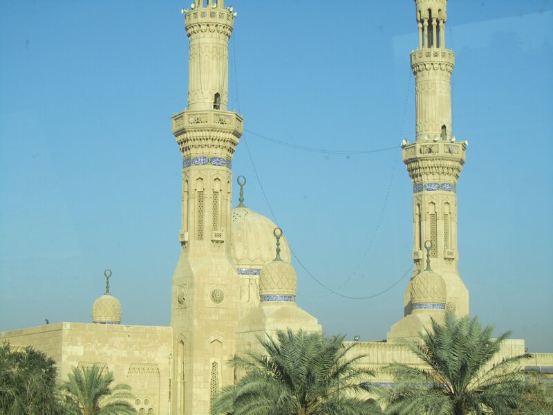 Mosque with Minarets — Blue, Serene, Afternoon, Photograph, Dome, Palm Trees