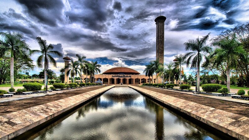 Mosque with reflecting pool and minarets