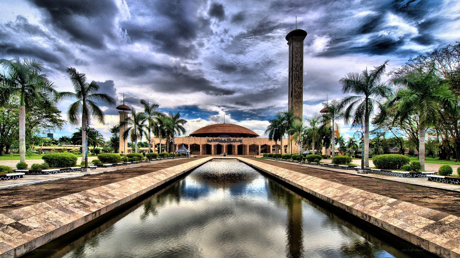 Mosque with reflecting pool and minarets