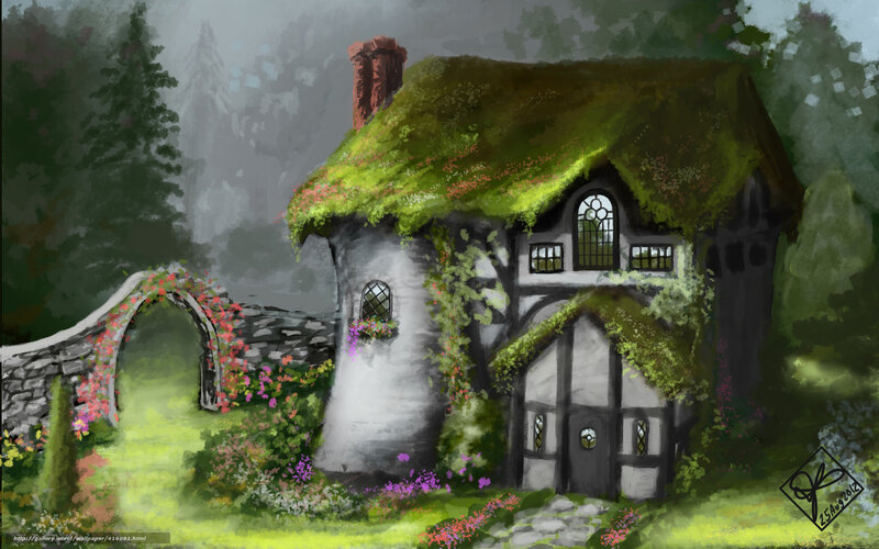 Moss-covered cottage in forest