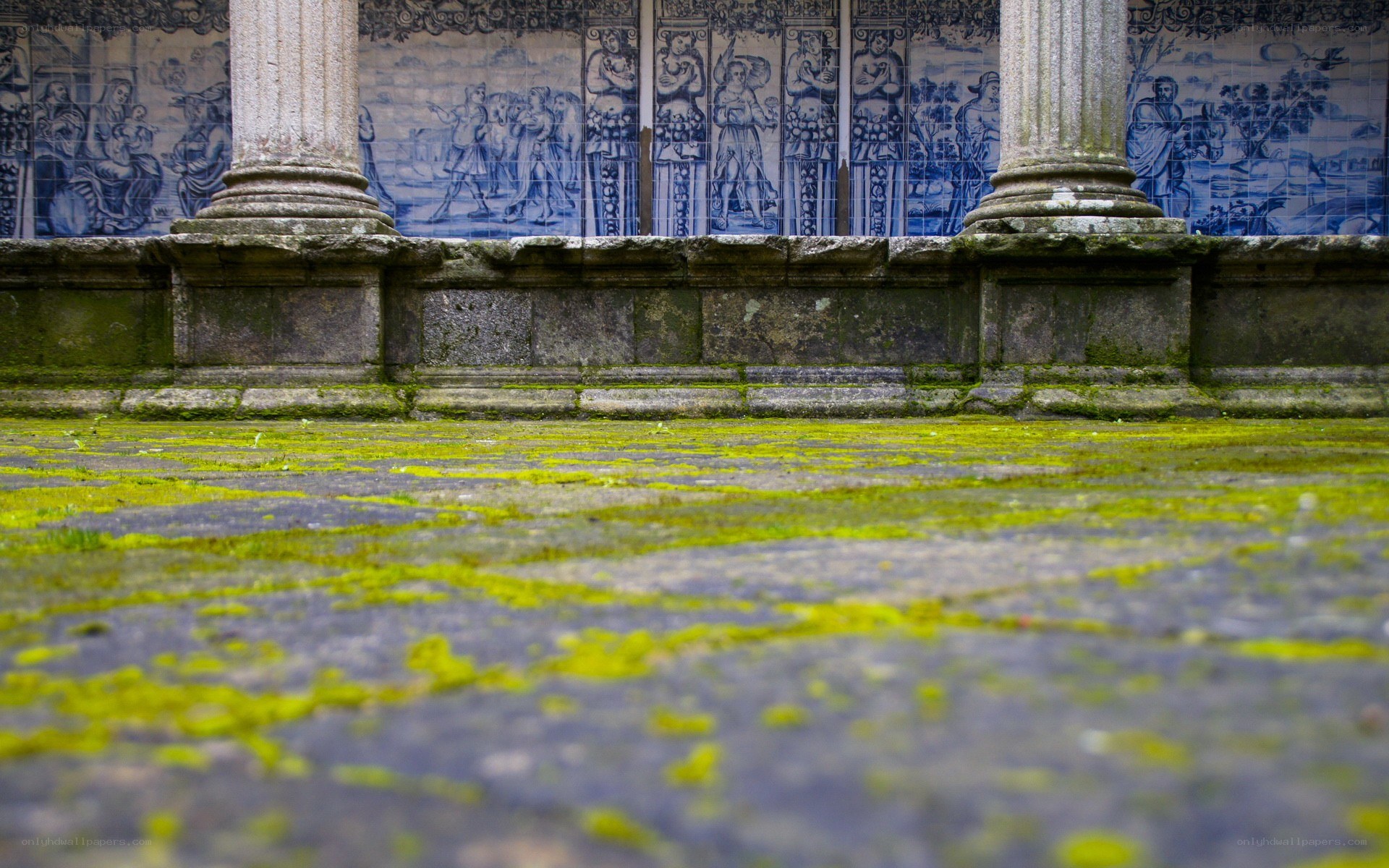 Moss-covered courtyard with tiled wall