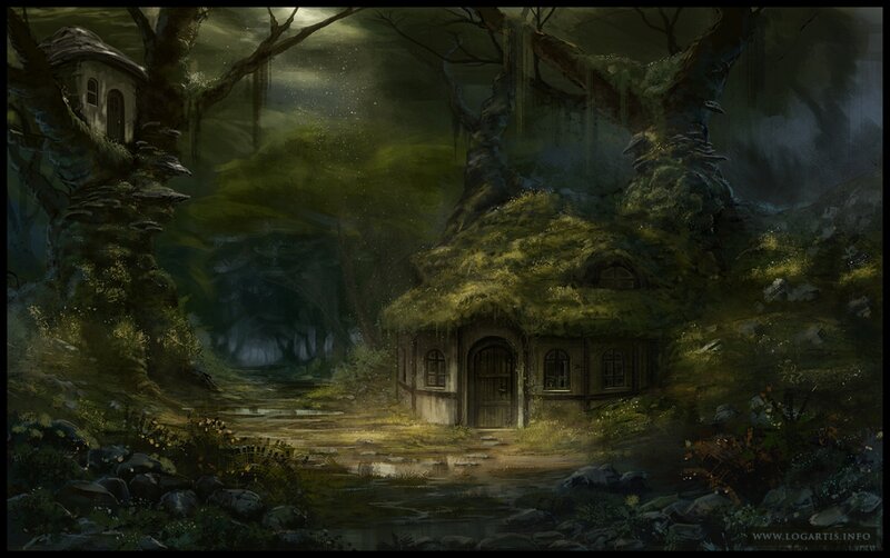 Moss-covered Houses in Forest