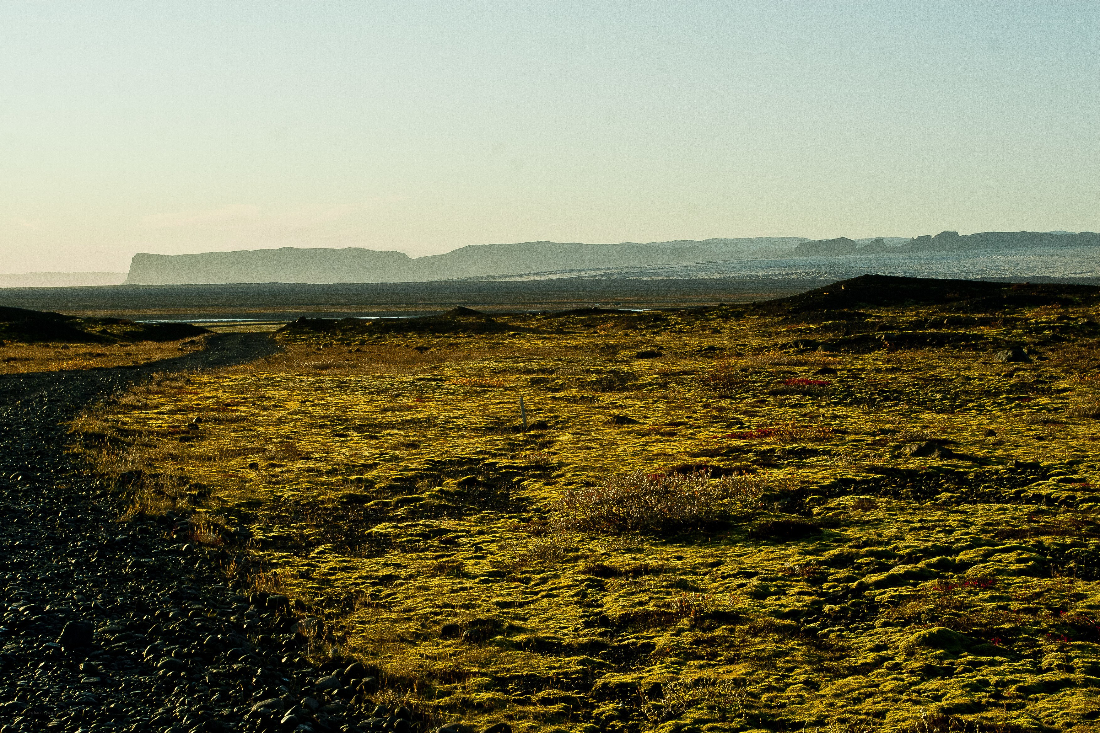 Moss-covered landscape with distant mountains
