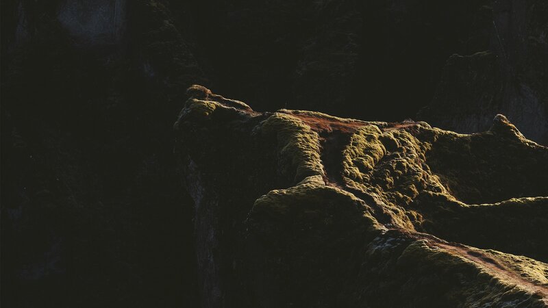 Moss-covered Rock Formation — Green, Dramatic