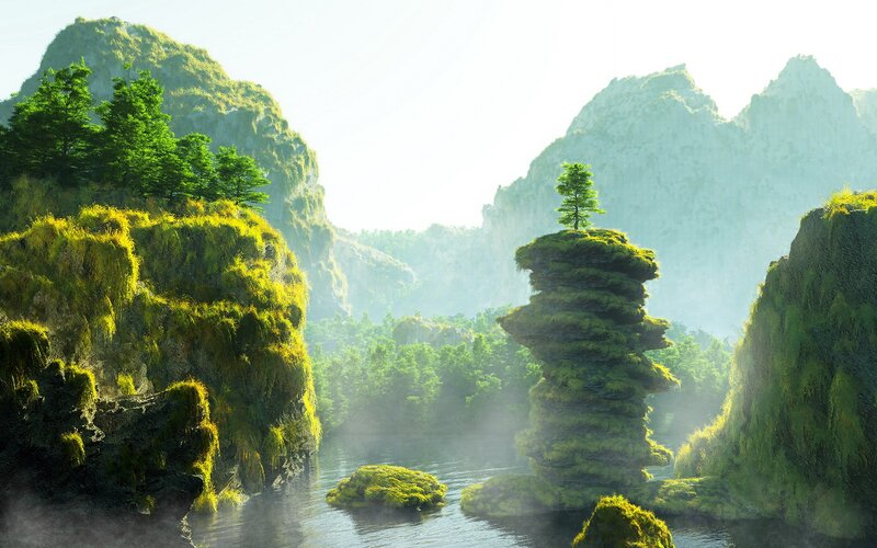 Moss-covered Rock Formation — Green, Serene, Morning