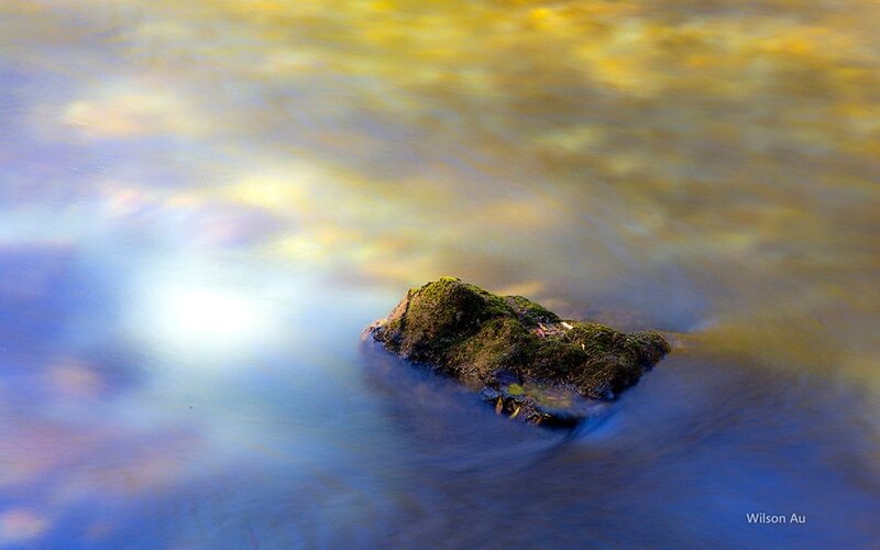 Moss-covered Rock in Stream — Blue