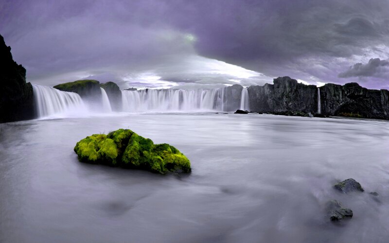 Moss-covered Rock in Waterfall — Green