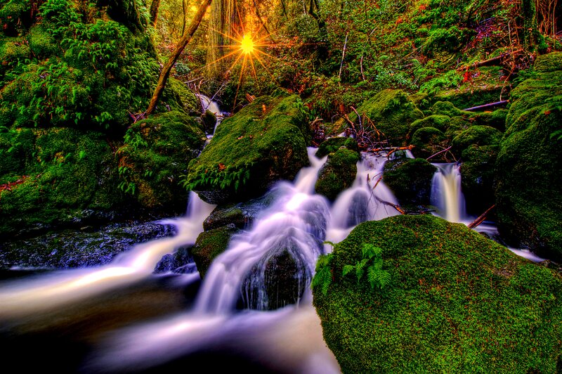 Moss-covered Rocks and Stream — Green, Serene, Afternoon