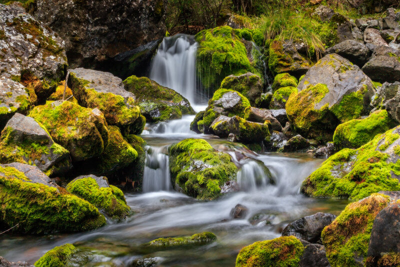 Moss-covered Rocks and Stream — Green, Serene, Photograph