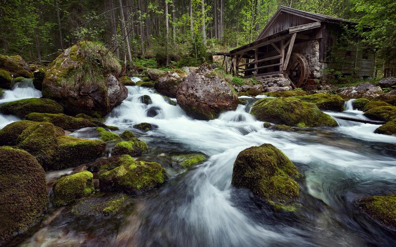 Moss-covered Rocks and Stream — Green, Serene, Summer