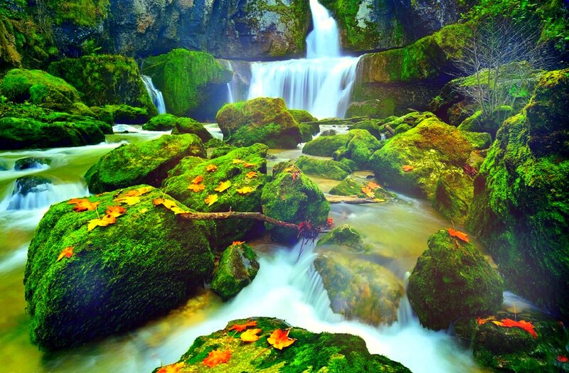 Moss-covered Rocks and Waterfall — Green, Serene, Autumn