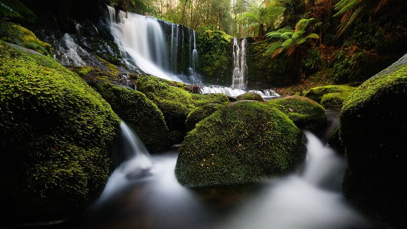 Moss-covered Rocks and Waterfall — Green, Serene, Morning, Photograph