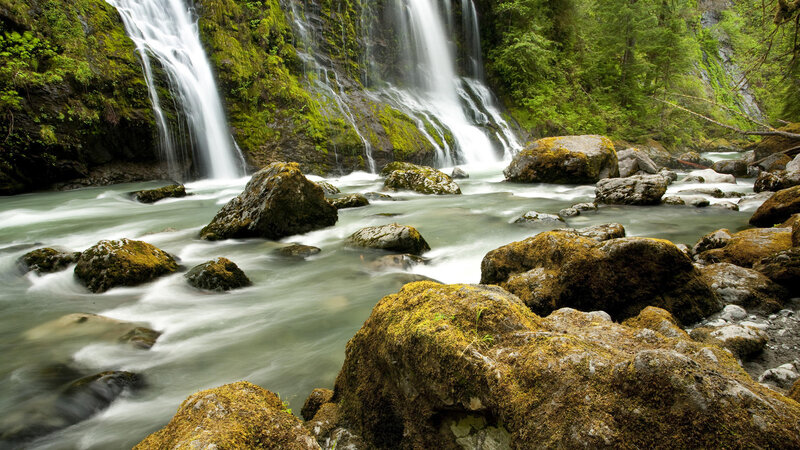 Moss-covered Rocks and Waterfall — Green, Serene, Morning