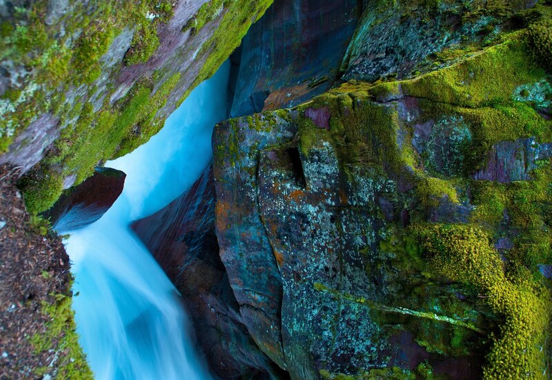 Moss-covered Rocks and Waterfall — Green, Serene, Photograph, Moss, Blue