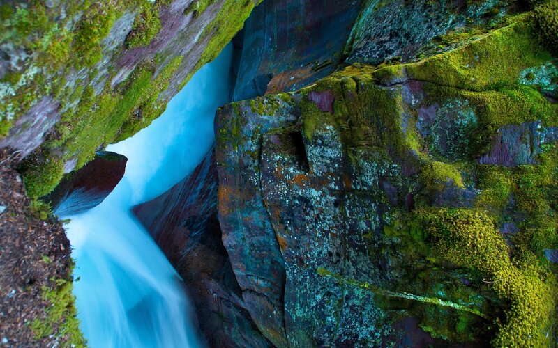 Moss-covered Rocks and Waterfall — Green, Serene, Photograph, Moss