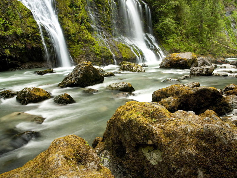 Moss-covered Rocks and Waterfall — Green, Serene