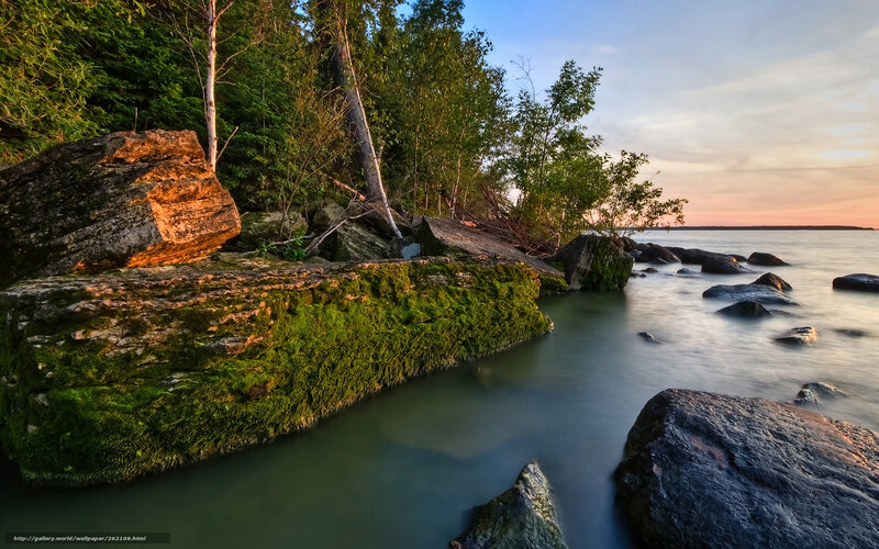 Moss-covered Rocks at Lake — Green, Serene, Sunset, Photograph