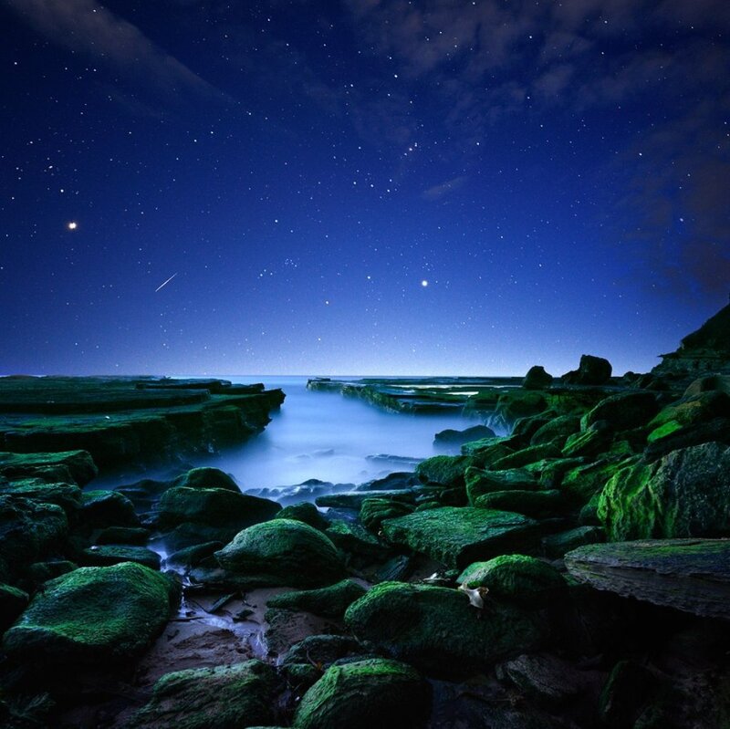Moss-covered Rocks at Night